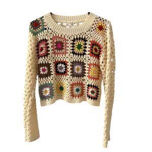 Debut Cream Knit Crewneck Cropped Sweater with Colorful Granny Squares – Size S